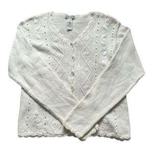 Vintage JM Studio Coquette Pearl Button Ivory Knit Cardigan Sweater Size L